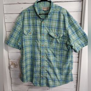 Duluth Trading Co Mens XL Green Short Sleeve Button Down Plaid Shirt Streetwear.